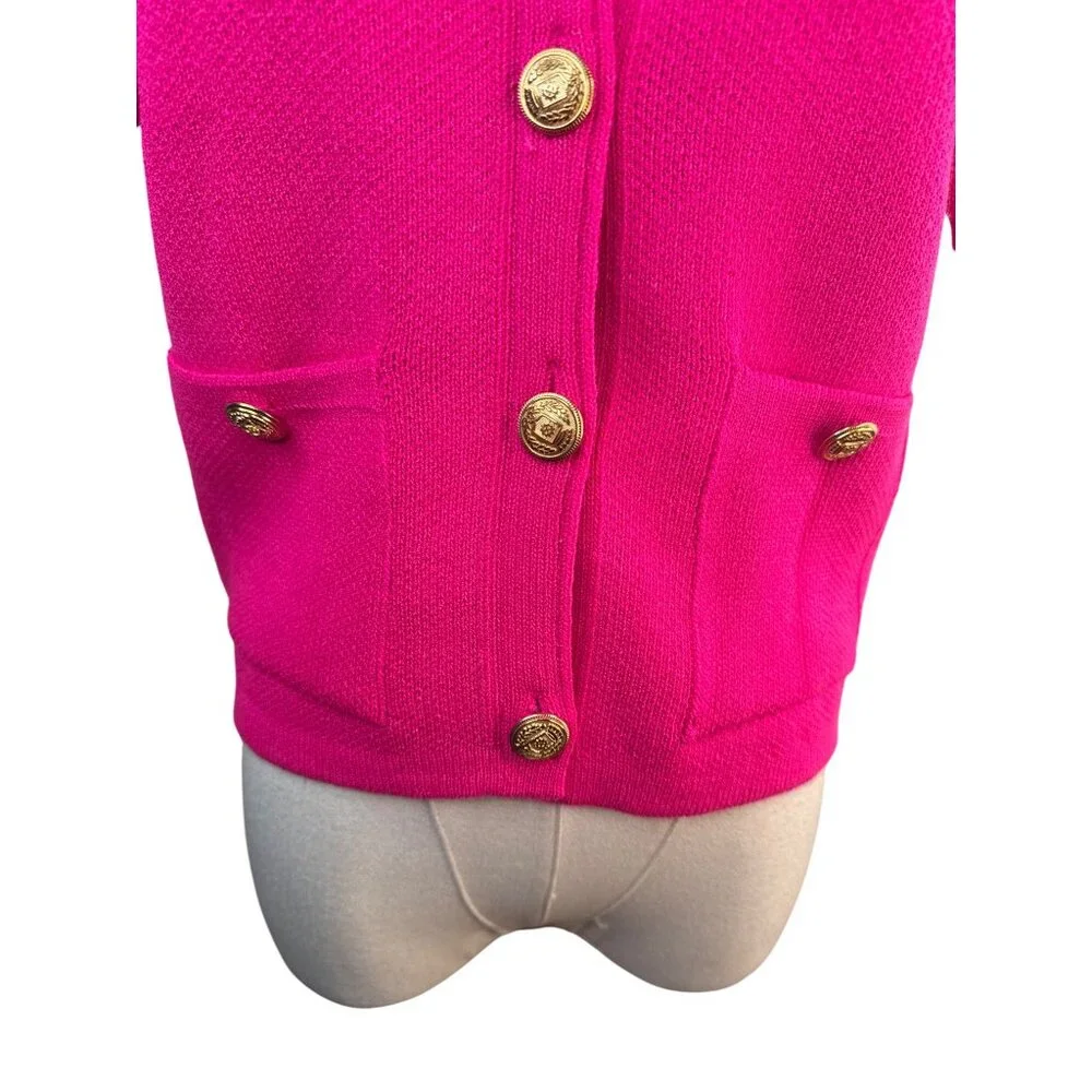 ZARA Bright Pink Short Sleeve Small Knit Cardigan With Gold Buttons & Pockets - Picture 9 of 16